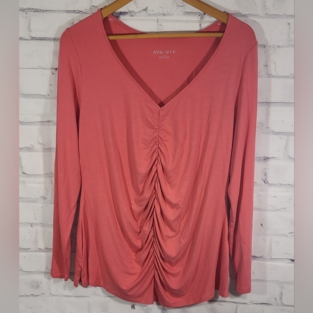 New Ava & Viv Coral Ruched Long Sleeve Top, Sz 14
